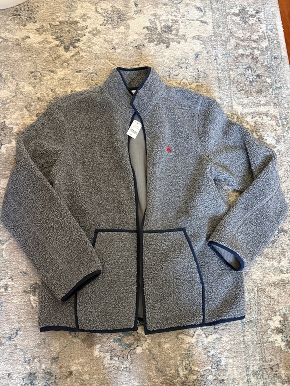 NWT Brooks Brothers Gray Sherpa Fleece Jacket with Navy Trim